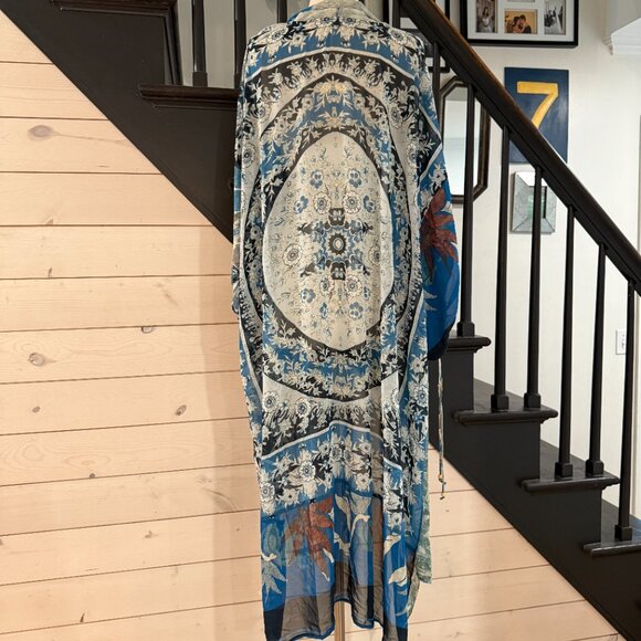 Free People Kimono Keeping Up With Indigo Mixed Print Sheer Lightweight One Size - Picture 7 of 8